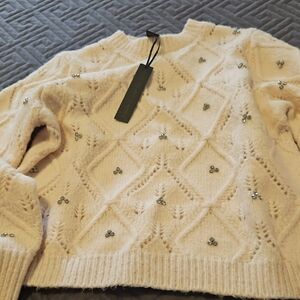 House of Harlow 1960 Cream Beaded Crewneck Sweater